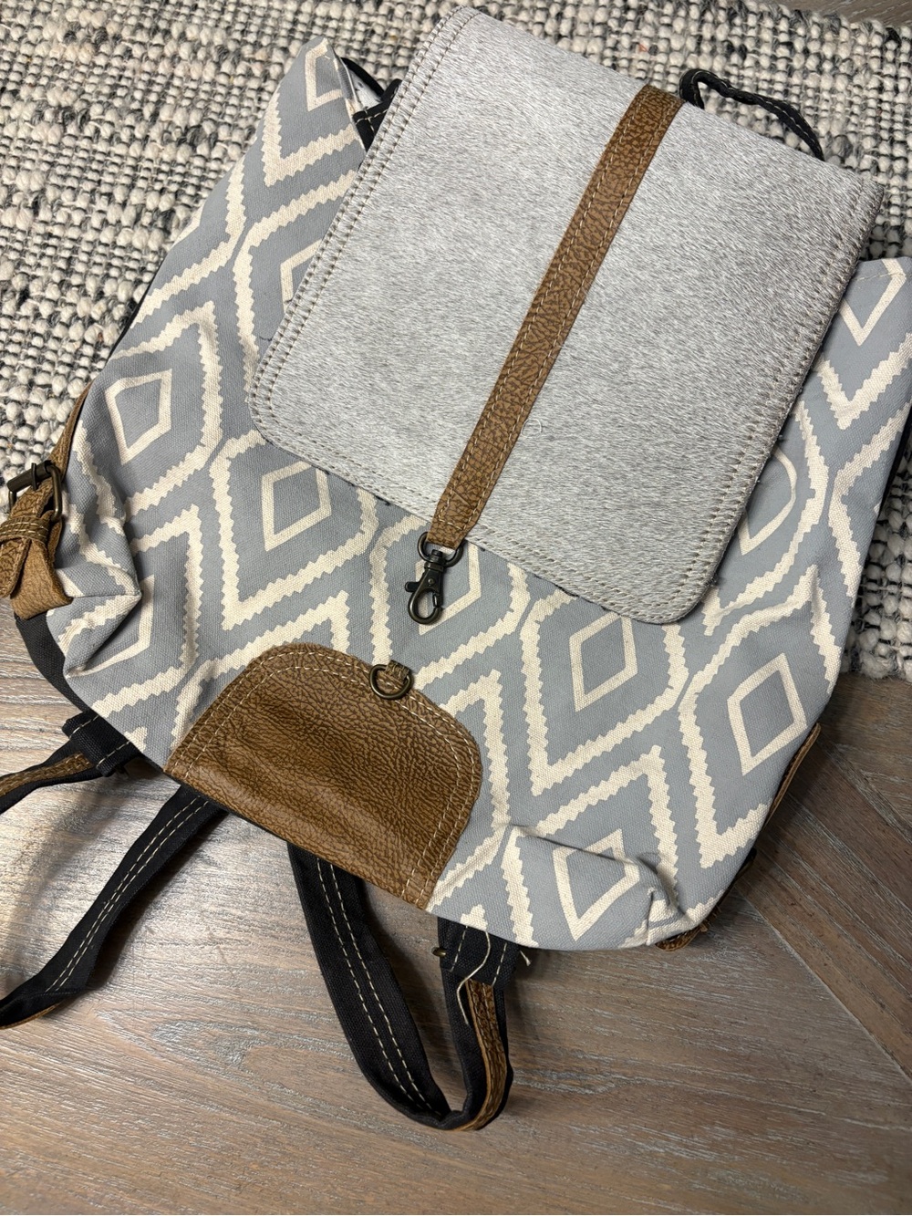 Myra Bag Grey & Brown Geometric Canvas Backpack